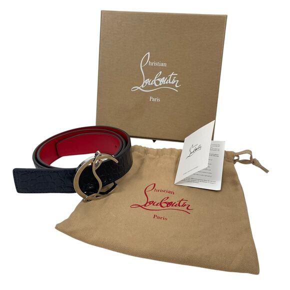 Christian Louboutin CL Logo Crocodile Reversible Leather Belt Blue Size 85/34 - Picture 14 of 14